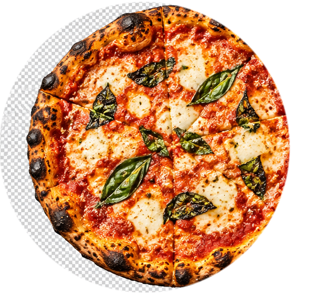 Top-down photograph of a brick-oven margherita pizza