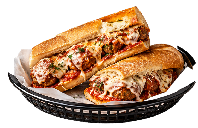Meatball Parmesan sub in a toasted hoagie roll in a black basket