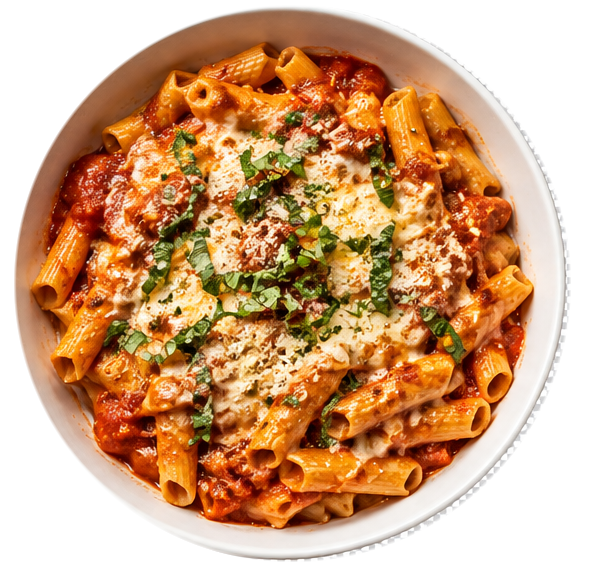 Pasta served in a ceramic bowl, seen from above