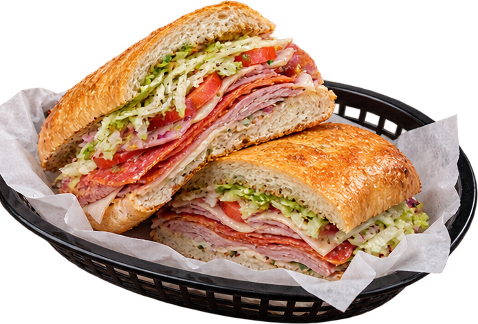 Toasted Italian sub cut in half in a paper-lined black basket