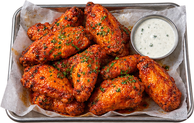 Buffalo wings on a paper-lined metal tray with ranch